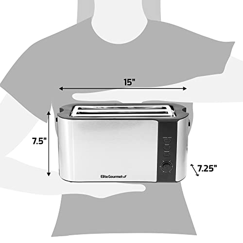 Elite Gourmet ECT-3100 Long Slot 4 Slice Toaster, Reheat, 6 Toast Settings, Defrost, Cancel Functions, Built-in Warming Rack, Extra Wide Slots for Bagels & Waffles, Stainless Steel & Black