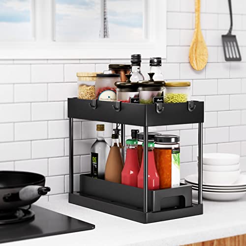 GODDSEVOES Storage Pull, 2 Tier Under-Sink Drawer 4 Hook 1 Cup, Black Under Sliding Cabinet Basket Organizer for Bathroom/Kitchen