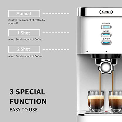 Gevi Espresso Machine 20 Bar Fast Heating Automatic White Espresso Machine with Milk Frother Cappuccino Maker for Espresso, Latte, Macchiato, 1.2L Water Tank, 1350W, White