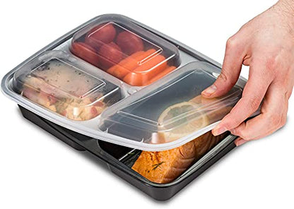 Ez Prepa [20 Pack] 32oz 3 Compartment Meal Prep Containers with Lids - Bento Box - Plastic - Stackable, Reusable, Microwaveable & Dishwasher Safe