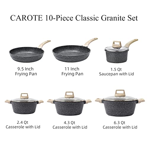 CAROTE Nonstick Granite Cookware Sets, 10 Pcs Pots and Pans Set, Non Stick Stone Kitchen Cookware Set with Frying Pans(Granite, Induction Cookware)