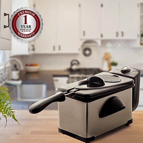 Ovente Electric Deep Fryer 2 Liter Capacity, 1500W with Lid, Viewing Window, Adjustable Temperature Knob and Stainless Steel Frying Basket Perfect for Fried Chicken, Nuggets & Fries, Silver FDM2201BR