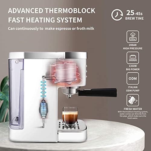 Gevi Espresso Machine 20 Bar Fast Heating Automatic White Espresso Machine with Milk Frother Cappuccino Maker for Espresso, Latte, Macchiato, 1.2L Water Tank, 1350W, White