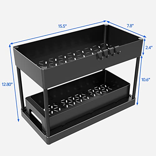 GODDSEVOES Storage Pull, 2 Tier Under-Sink Drawer 4 Hook 1 Cup, Black Under Sliding Cabinet Basket Organizer for Bathroom/Kitchen