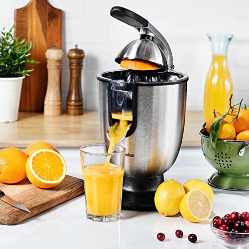 Eurolux Electric Citrus Juicer Squeezer, for Orange, Lemon, Grapefruit, Stainless Steel 160 Watts of Power Soft Grip Handle and Cone Lid for Easy Use (ELCJ-1700S)