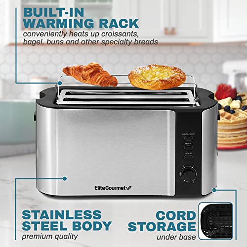 Elite Gourmet ECT-3100 Long Slot 4 Slice Toaster, Reheat, 6 Toast Settings, Defrost, Cancel Functions, Built-in Warming Rack, Extra Wide Slots for Bagels & Waffles, Stainless Steel & Black