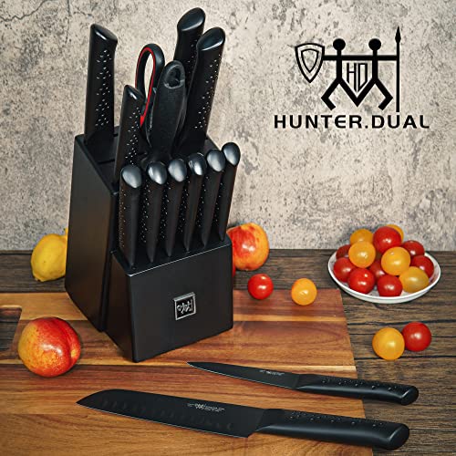 Knife Set , HUNTER 15-Pc knife sets for kitchen with block, Black Kitchen Knife Set ,Dishwasher Safe German Stainless Steel Knife Block Set, Excellence Black