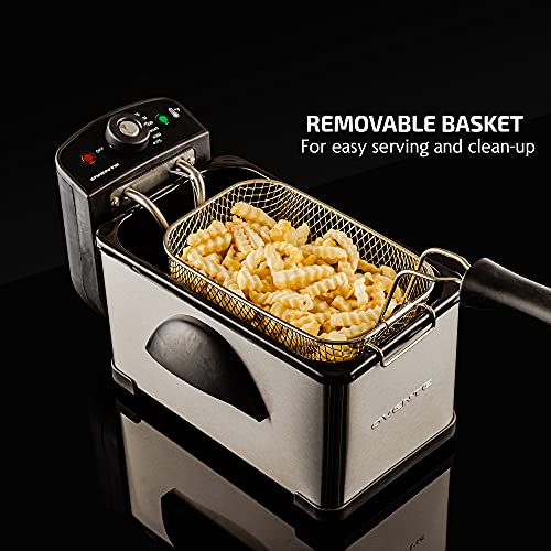 Ovente Electric Deep Fryer 2 Liter Capacity, 1500W with Lid, Viewing Window, Adjustable Temperature Knob and Stainless Steel Frying Basket Perfect for Fried Chicken, Nuggets & Fries, Silver FDM2201BR