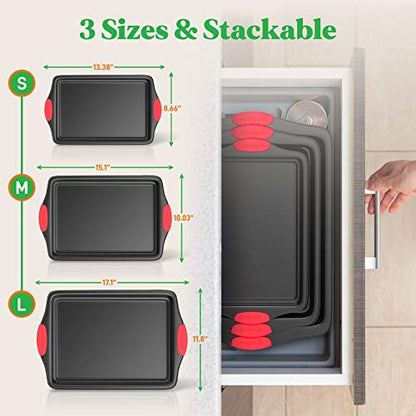 NutriChef Non-Stick Kitchen Oven Baking Pans-Deluxe & Stylish Nonstick Gray Coating Inside & Outside, Commercial Grade Restaurant Quality Metal Bakeware with Red Silicone Handles NCSBS3S, 3 Piece Set