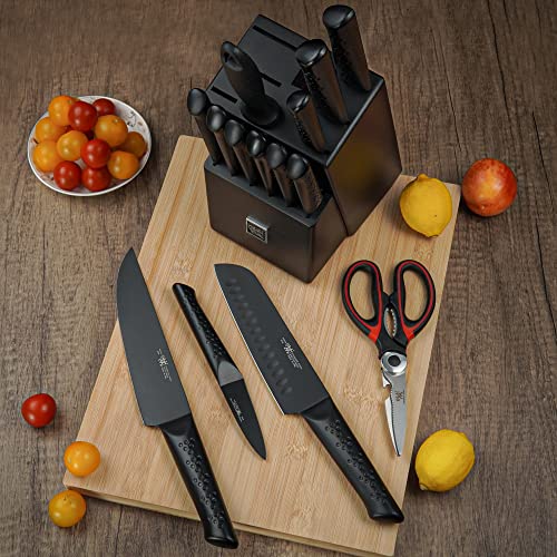 Knife Set , HUNTER 15-Pc knife sets for kitchen with block, Black Kitchen Knife Set ,Dishwasher Safe German Stainless Steel Knife Block Set, Excellence Black