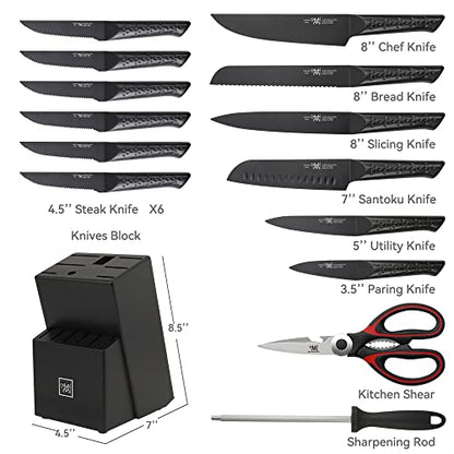 Knife Set , HUNTER 15-Pc knife sets for kitchen with block, Black Kitchen Knife Set ,Dishwasher Safe German Stainless Steel Knife Block Set, Excellence Black