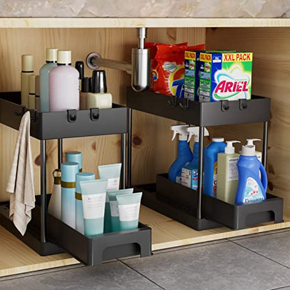 GODDSEVOES Storage Pull, 2 Tier Under-Sink Drawer 4 Hook 1 Cup, Black Under Sliding Cabinet Basket Organizer for Bathroom/Kitchen