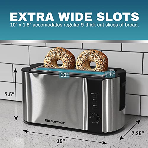 Elite Gourmet ECT-3100 Long Slot 4 Slice Toaster, Reheat, 6 Toast Settings, Defrost, Cancel Functions, Built-in Warming Rack, Extra Wide Slots for Bagels & Waffles, Stainless Steel & Black