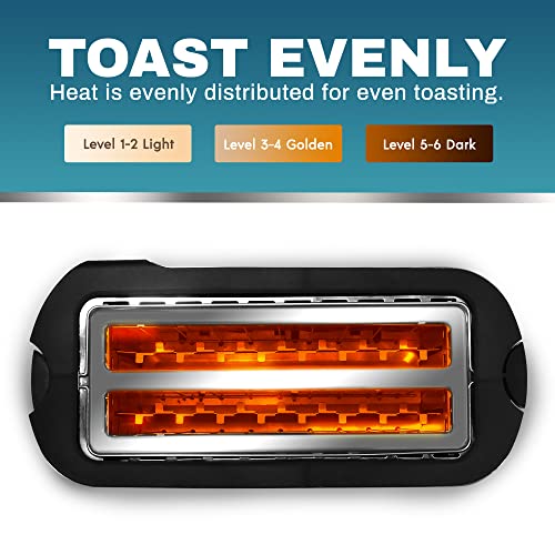 Elite Gourmet ECT-3100 Long Slot 4 Slice Toaster, Reheat, 6 Toast Settings, Defrost, Cancel Functions, Built-in Warming Rack, Extra Wide Slots for Bagels & Waffles, Stainless Steel & Black