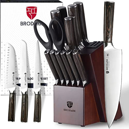 BRODARK Kitchen Knife Set with Block, Upgraded NSF Food Grade 15 PCS German Stainless Steel Professional Chef Knife Set with Knife Sharpener, Ultra Sharp Full Tang Knife Block Set, Best Gift