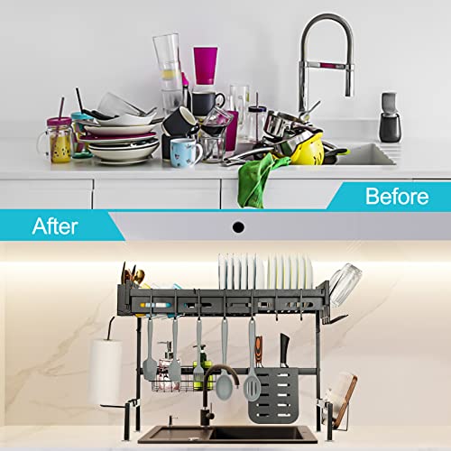 Fashionwu Over Sink Dish Drying Rack, Adjustable Multifunctional Dish Drainer for Kitchen Storage Countertop Organization, 25.6-35.5in