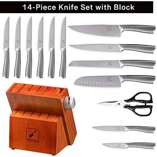 Knife Set with Block for Kitchen, imarku 14-Piece High Carbon Stainless Steel Knife Set, One-piece Dishwasher Safe Kitchen Knives Set, Chef Knife Set with Built-in Sharpener, Non-slip Ergonomic Handle