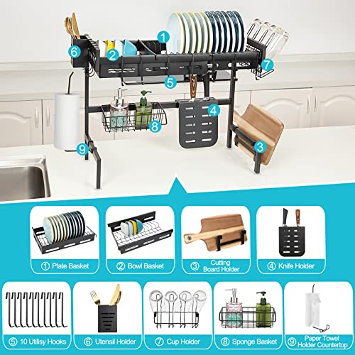 Fashionwu Over Sink Dish Drying Rack, Adjustable Multifunctional Dish Drainer for Kitchen Storage Countertop Organization, 25.6-35.5in