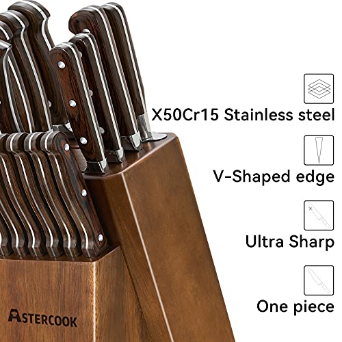 Knife Set, 15 Pcs Kitchen Knife Set With Block, Astercook German Stainless Steel With Scissors, Knife Sharpener and 6 Serrated Steak Knives