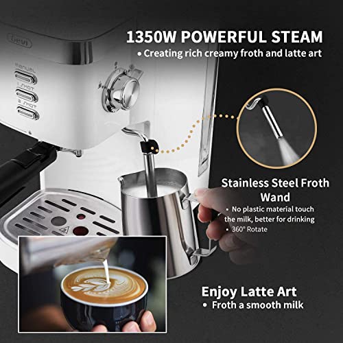 Gevi Espresso Machine 20 Bar Fast Heating Automatic White Espresso Machine with Milk Frother Cappuccino Maker for Espresso, Latte, Macchiato, 1.2L Water Tank, 1350W, White