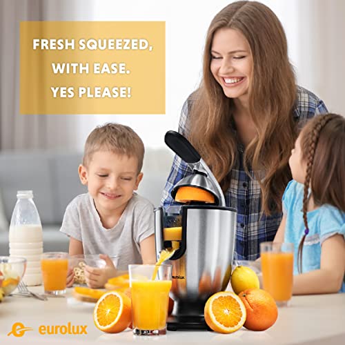 Eurolux Electric Citrus Juicer Squeezer, for Orange, Lemon, Grapefruit, Stainless Steel 160 Watts of Power Soft Grip Handle and Cone Lid for Easy Use (ELCJ-1700S)