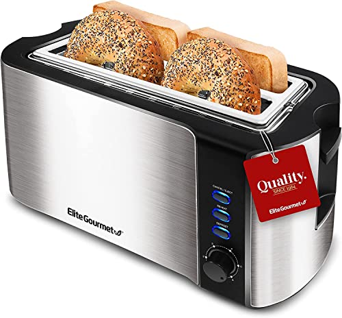 Elite Gourmet ECT-3100 Long Slot 4 Slice Toaster, Reheat, 6 Toast Settings, Defrost, Cancel Functions, Built-in Warming Rack, Extra Wide Slots for Bagels & Waffles, Stainless Steel & Black